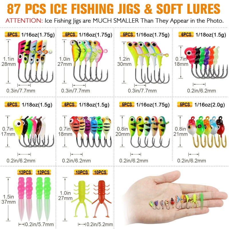 Dovesun Ice Fishing Jigs Kit 87pcs, Ice Fishing Lures Glow in The Dark Ice Jigs with Adjustable Ice Fishing Gear for Panfish Crappie Walleye Jigs Set - Image 4